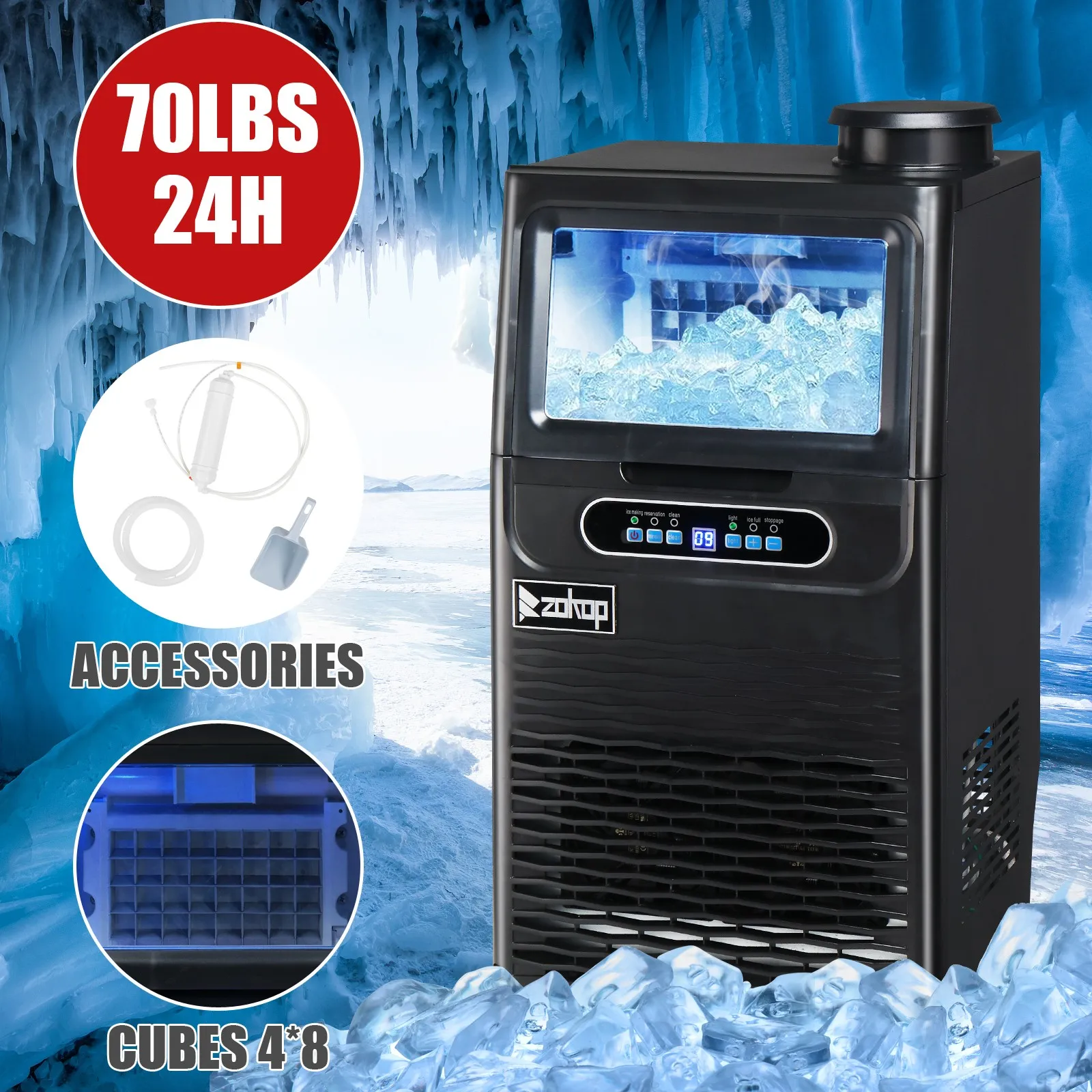 Commercial Ice Maker Machine, 70 lbs/24H Under Counter Freestanding ice Machine