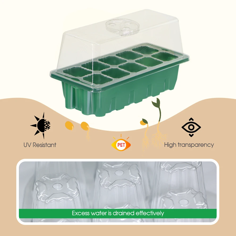 Rectangular 10-Cell Seedling Tray with Transparent Lid Adjustable Vents PET Material for Home Gardening Seed Starter Kit Growing