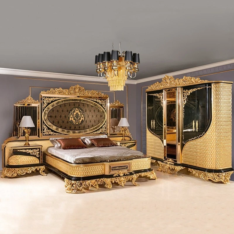 Solid wood carving French fabric bed four-door wardrobe dresser European fabric bed