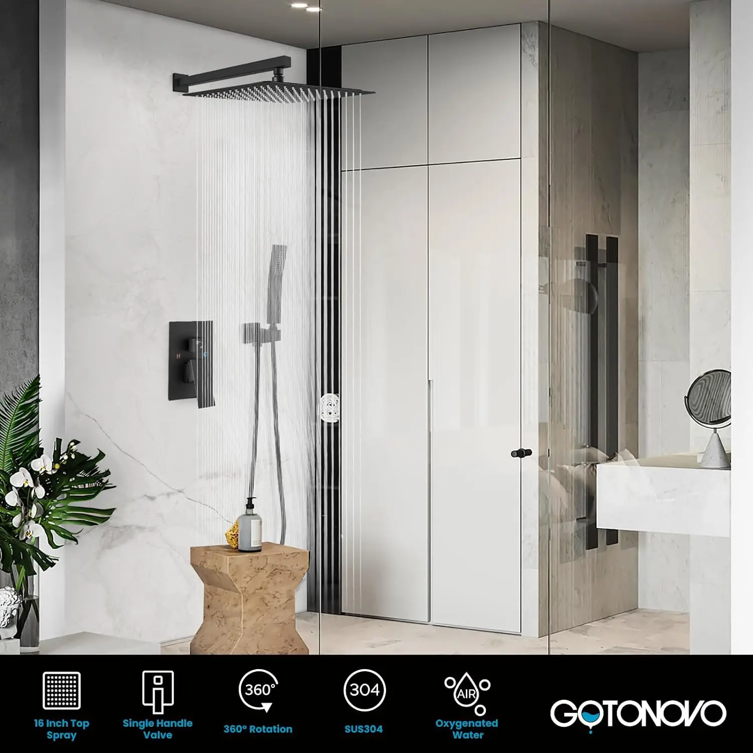 Handle Set Wall Mounted Shower Complete Combo Solid Brass Pressure Balancing Shower Mixer Valve 16 Inch Matte Black