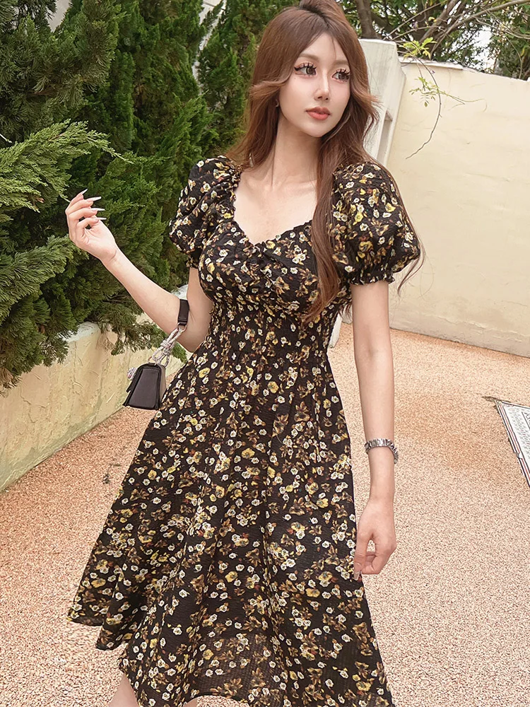 Dabuwawa Print Dress Sweetheart Neck High Waist Puff Sleeve Effortless Chic Summer Vintage Women NEW DM1BDR038