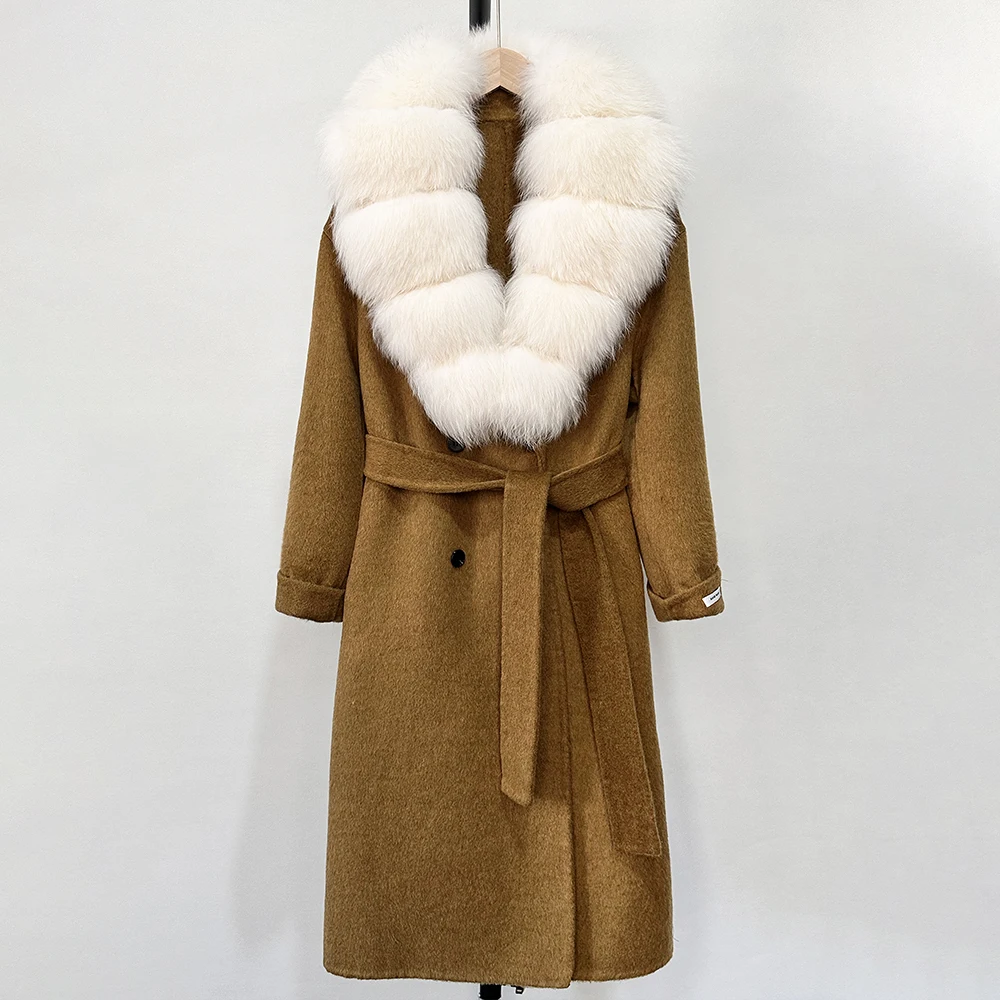 Réalité manteau de fourrure femmes automne naturel réel col de fourrure de renard veste ceinture vêtements d'extérieur amples vêtements d'extérieur décontracté Streetwear manteau de laine
