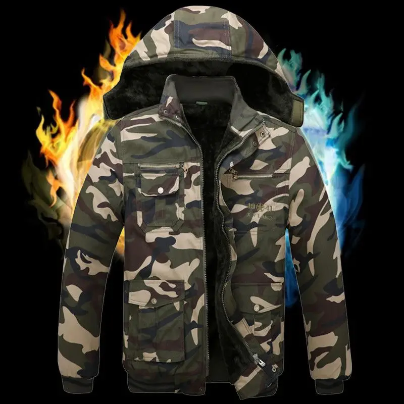 New Thickened Winter Work Jackets for Men Fleece Plush Heat Army Workwear Warm Cotton Jackets Hooded Outerwear Coats Windbreak