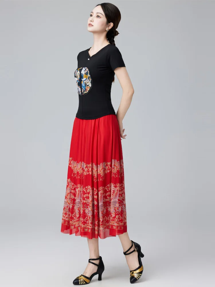 Feminino bordado decote em v manga longa topo e saia de cintura alta 2 peça conjunto traje de dança moderna palco desempenho prática outfit