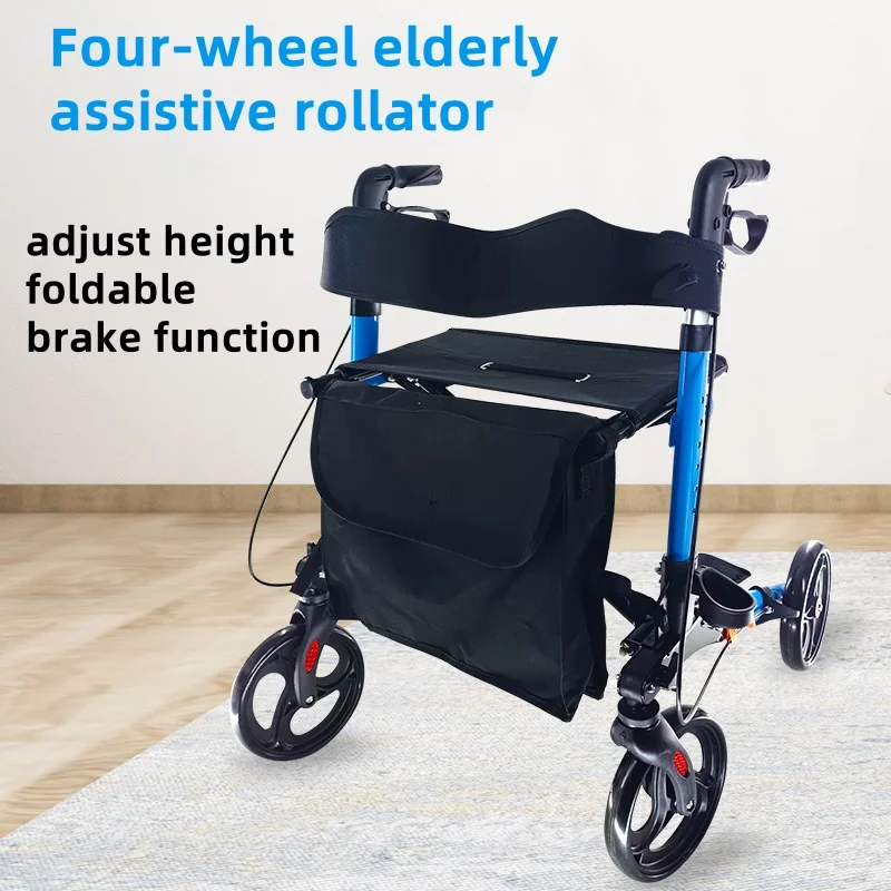 Four-legged Walking Assist Rollator Walker Aluminum Alloy Folding  Pulley Training Mobility Aid Small Wheelchair Walkers Rollato