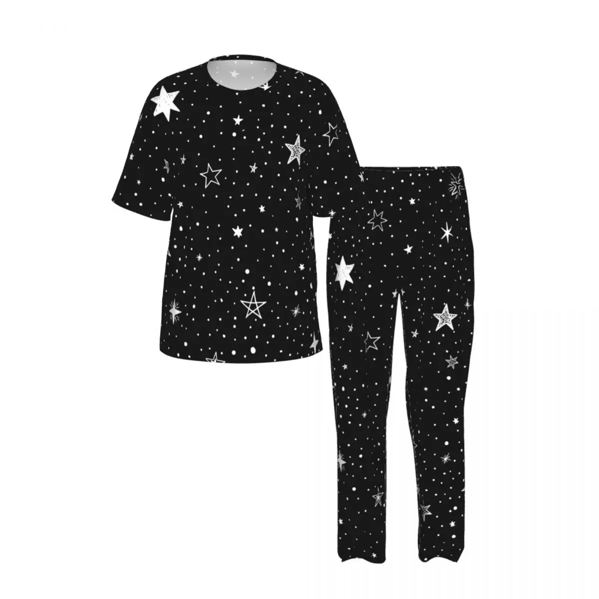 Sleepwear Summer Spring Home Clothes Black Stars Short Sleeve Long Pant Nightwear