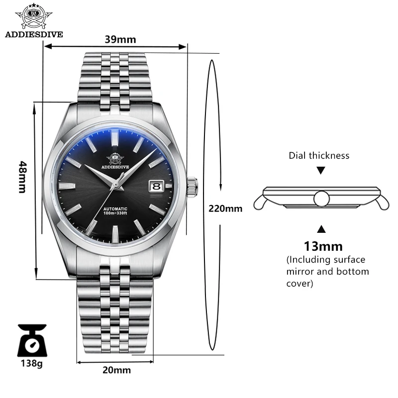 Imagem -03 - Addiesdive-relógio Analógico Masculino Relógio Mecânico Automático Espelho de Vidro Bolha Relógio de Luxo Marca Superior 10bar 39 mm