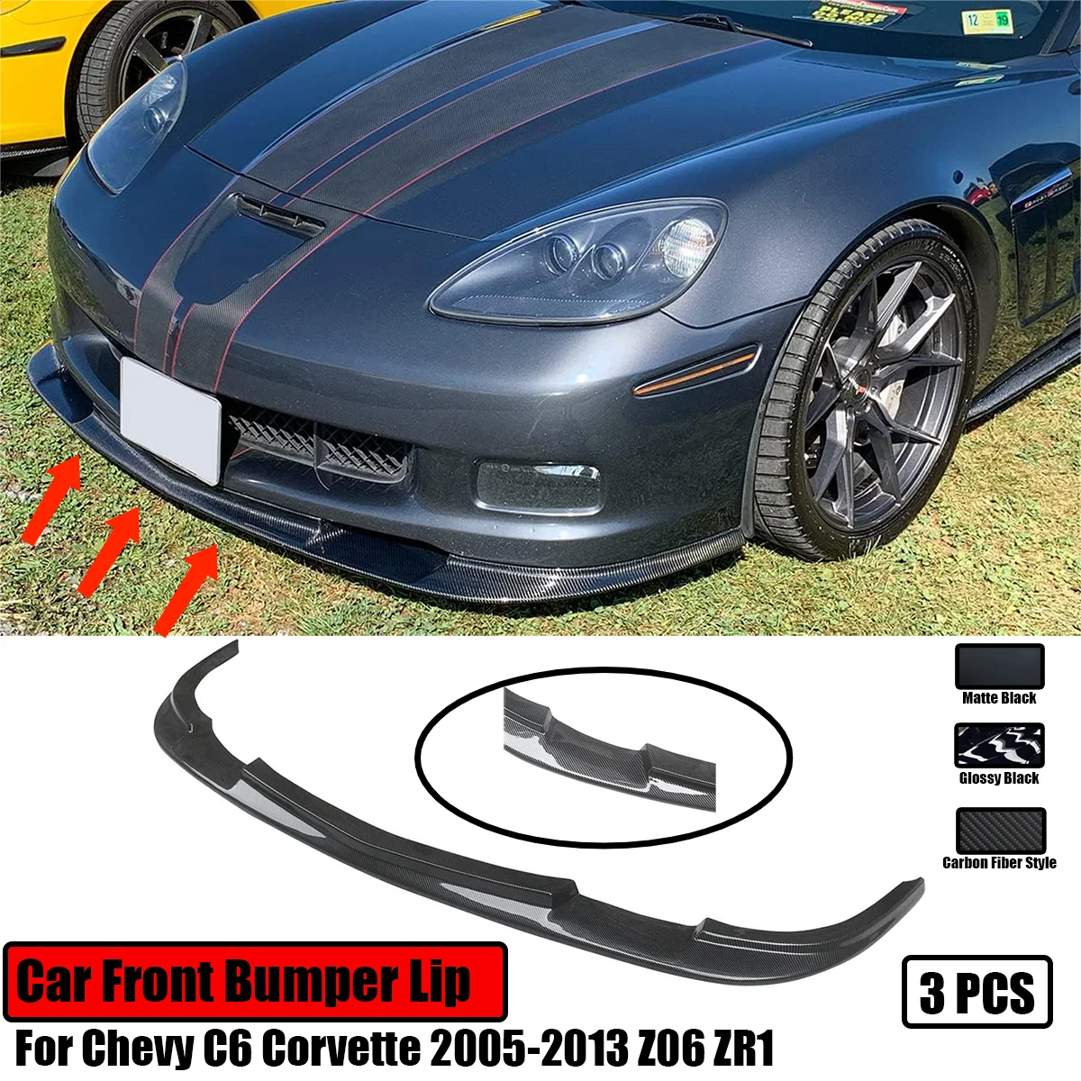 Car Front Bumper Lip For Chevy C6 Corvette 2005-2013 Z06 ZR1 Spoiler Splitter Wide Body Models Carbon Fiber Style  Glossy Black