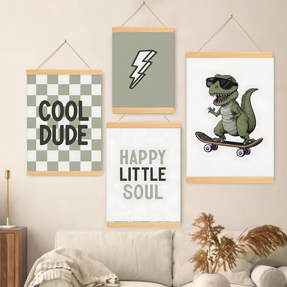 Dinosaur Nursery Scrolls Canvas Painting Wall Art Prints - Playroom Decor, Toddler Dinosaur Room Decor, Home Deco, Living Room