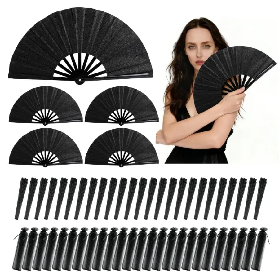 25 Pcs 10 Inch Large Glitter Rave Fan with Organza Bag Black Bulk Folding Handheld Clacking Fans for Line Dancing Events Perfor
