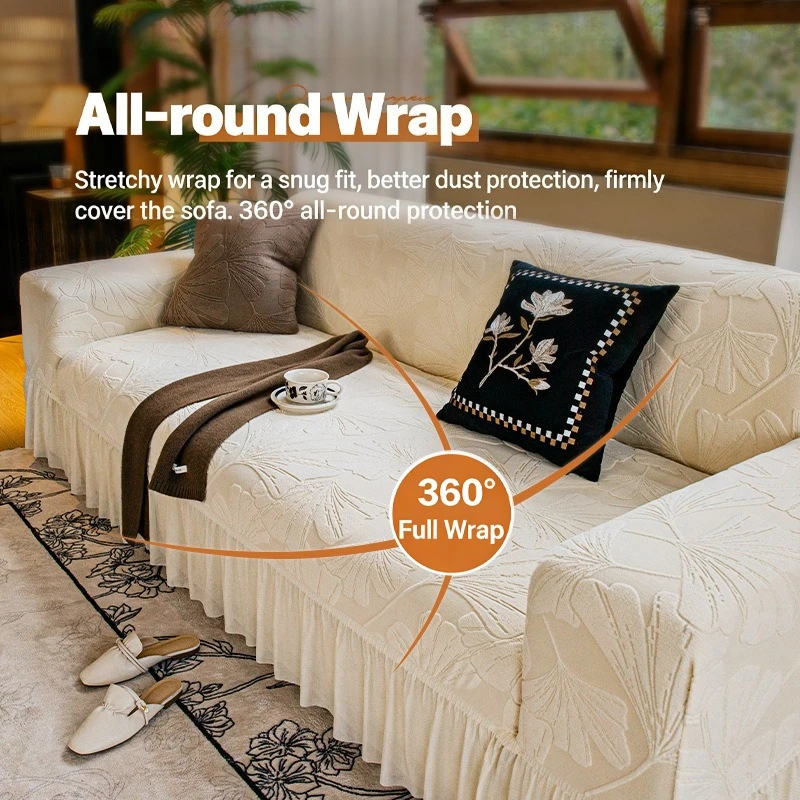 1PC Thick Jacquard Sofa Cover 1/2/3/4 Seater Dust Proof Pet Proof Sofa Slipcover with Ruffled Hem Retro Home Living Room Decor