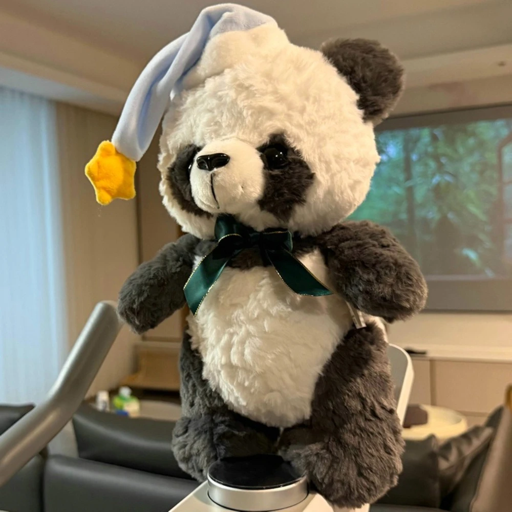 

26CM Cute Panda Plush Toy with Sleepy Hat and Green Bow Tie Soft Stuffed Animal Doll Realistic Design for Kids Birthday Gift