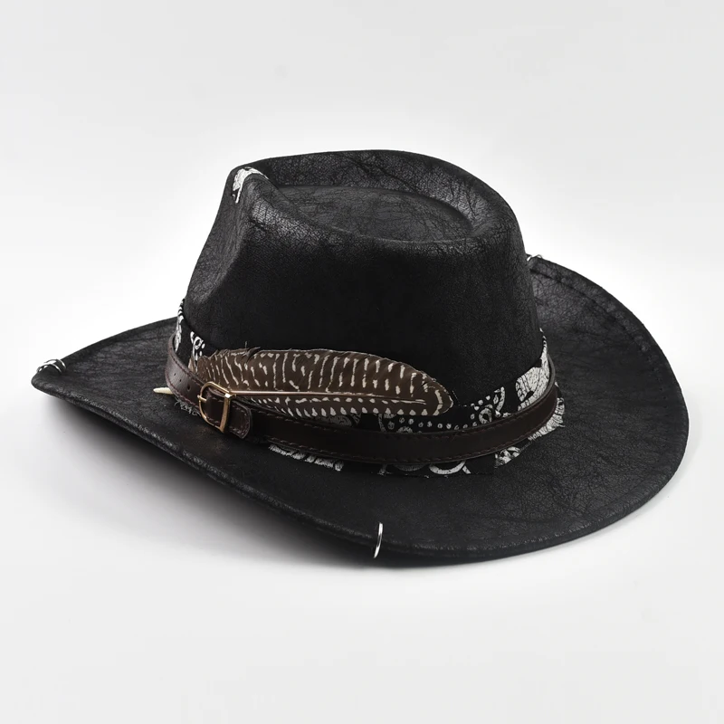 Vintage Kunstleder Western Cowboy Hut für Männer handgemachte Gentleman Jazz Hüte Panama Cowgirl Hut Sombrero Hombre – Detail 6