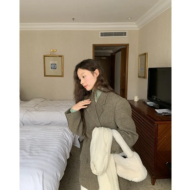 

Женский корейский шерстяной костюм-пиджак с хлопковым тартановым узором, утепленный, зимний, для повседневной носки, прямого кроя