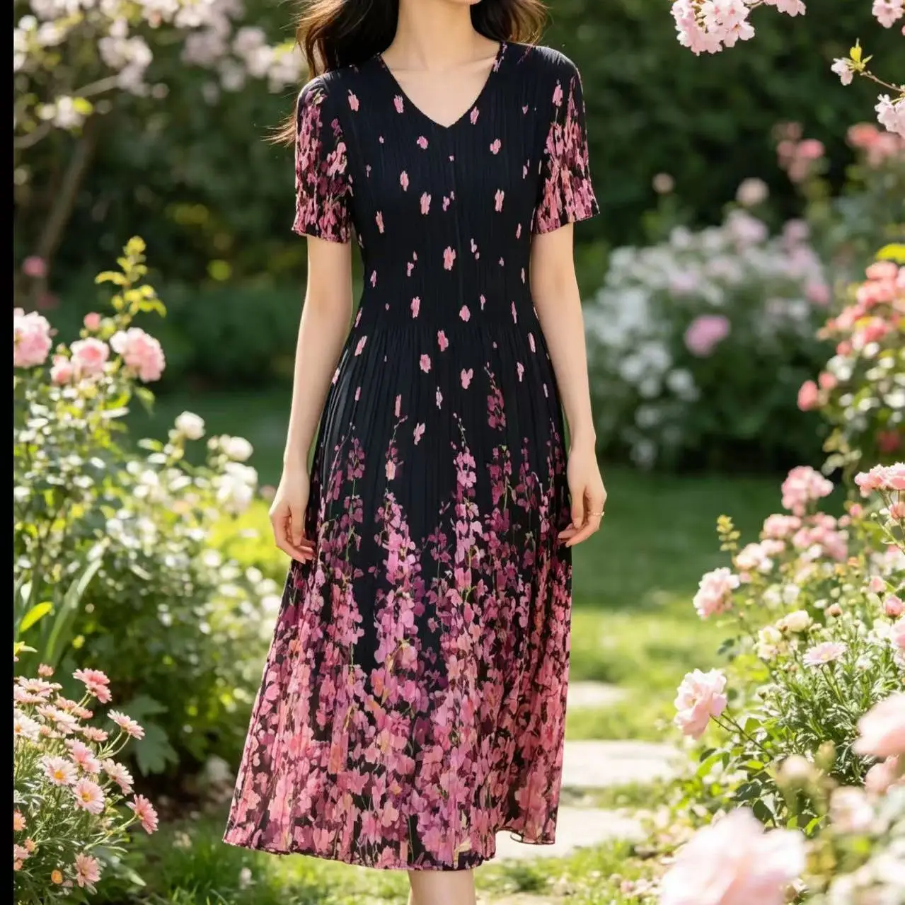 Pleated positioning flower summer new middle-aged mother large size loose and thin skirt  streetwear