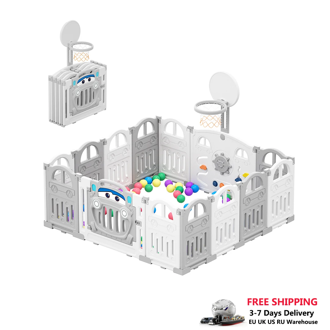 UBRAVOO Foldable Baby Playpen with Basketball Hoop & 50Pcs Coloured Pit Balls,  Toddler and Baby Play pen  fence, 14-Panel