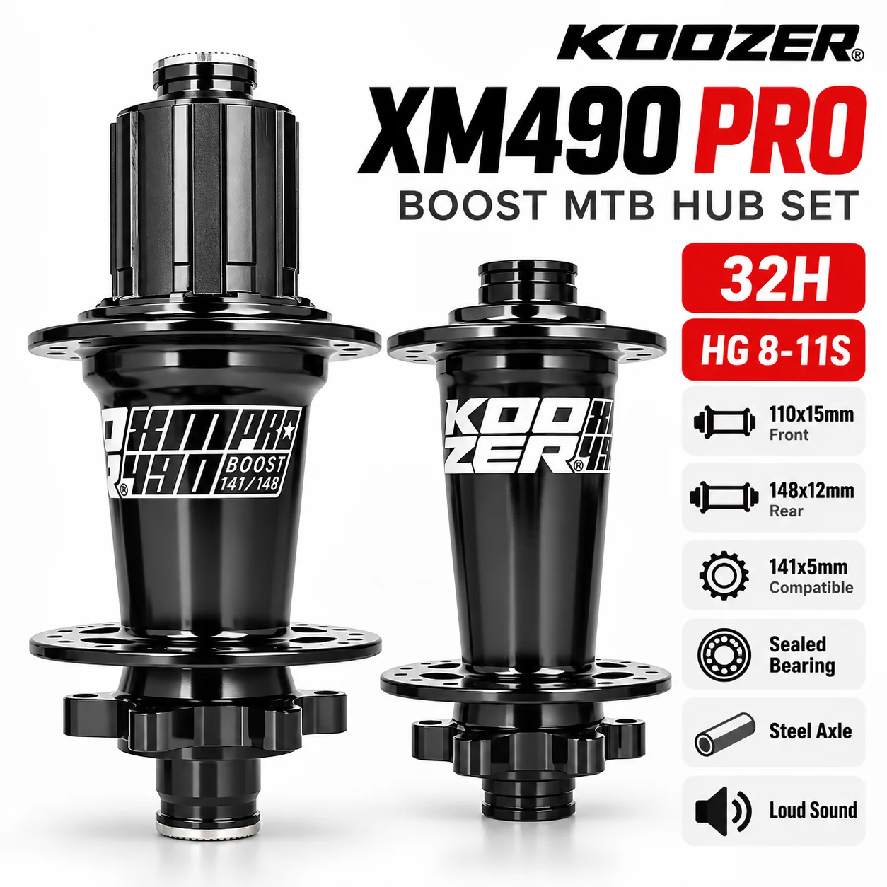 KOOZER XM490 PRO BOOST MTB Hub 110x15 148x12 141x5mm Sealed Bearing Steel Axle Bicycle Hub 28H 32H HG 8-11 Speed Loud Sound