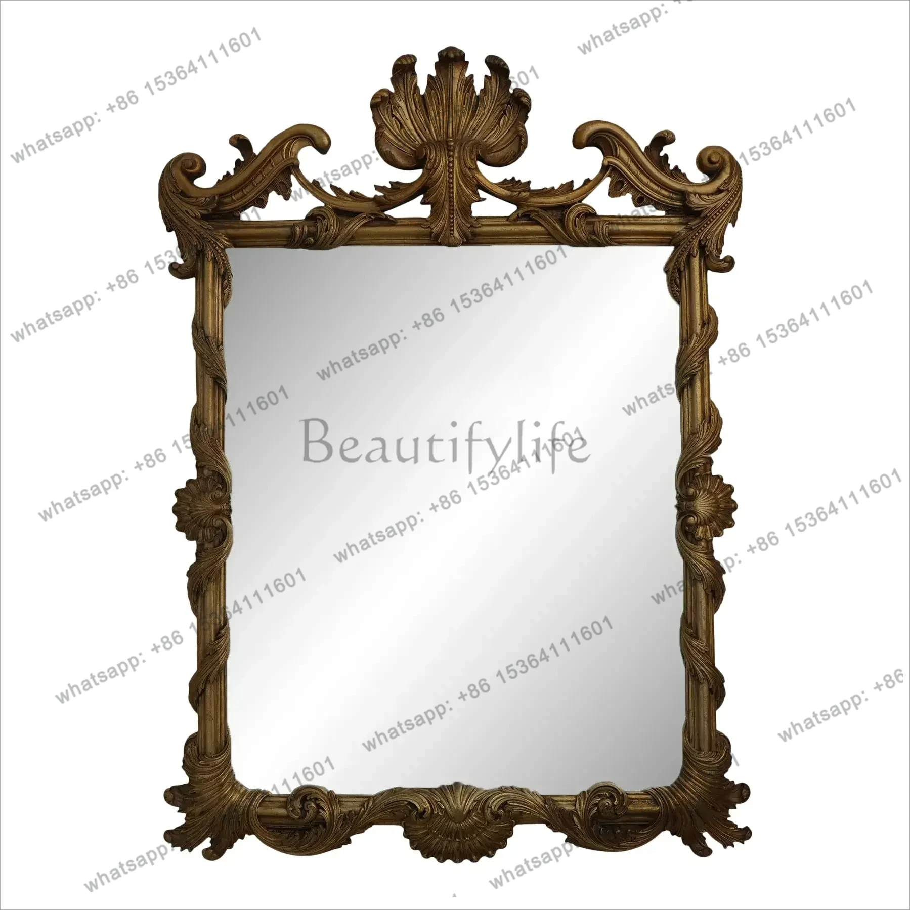 

12French Light Luxury Bathroom Mirror Home Living Room Wall-Mounted Mirror American Carved Classical