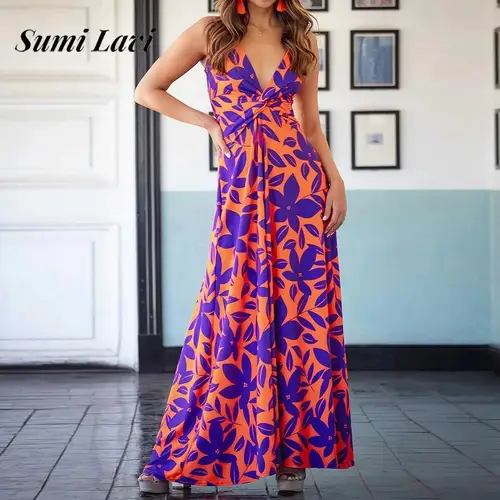 Imagen 1 del producto Vestido de playa elegante sin mangas con cuello en V profundo, vestido bohemio de cintura alta a la moda para mujer, vestido largo plisado con estampado de patrón Vintage para fiesta