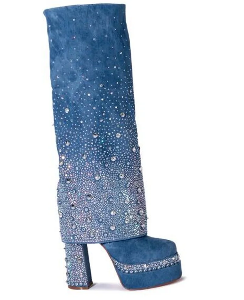 Glamorous Diamonds Denim Boot Covered Chunky Heel Rhinestone Platform Jeans Fold Over Shark Boot Round Toe Slip On Long Boots