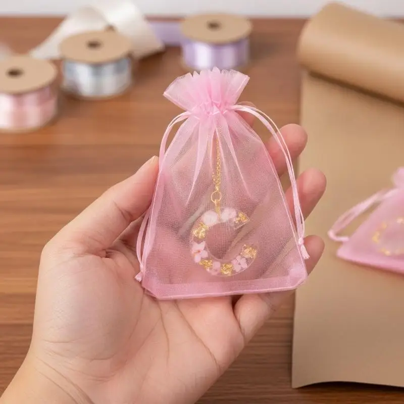 10 20 50Pcs Fairy Organza Jewelry Packaging Bags Pink Gift Storage Wedding Drawstring Mesh Pouches Multi Size Display Set
