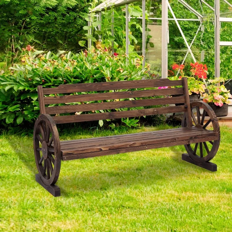 

Kinlife Outdoor Bench Porch Bench 2-Person Wooden Wagon Wheel Garden Bench, Wagon Slatted Seat with Backrest for Backyard, Patio