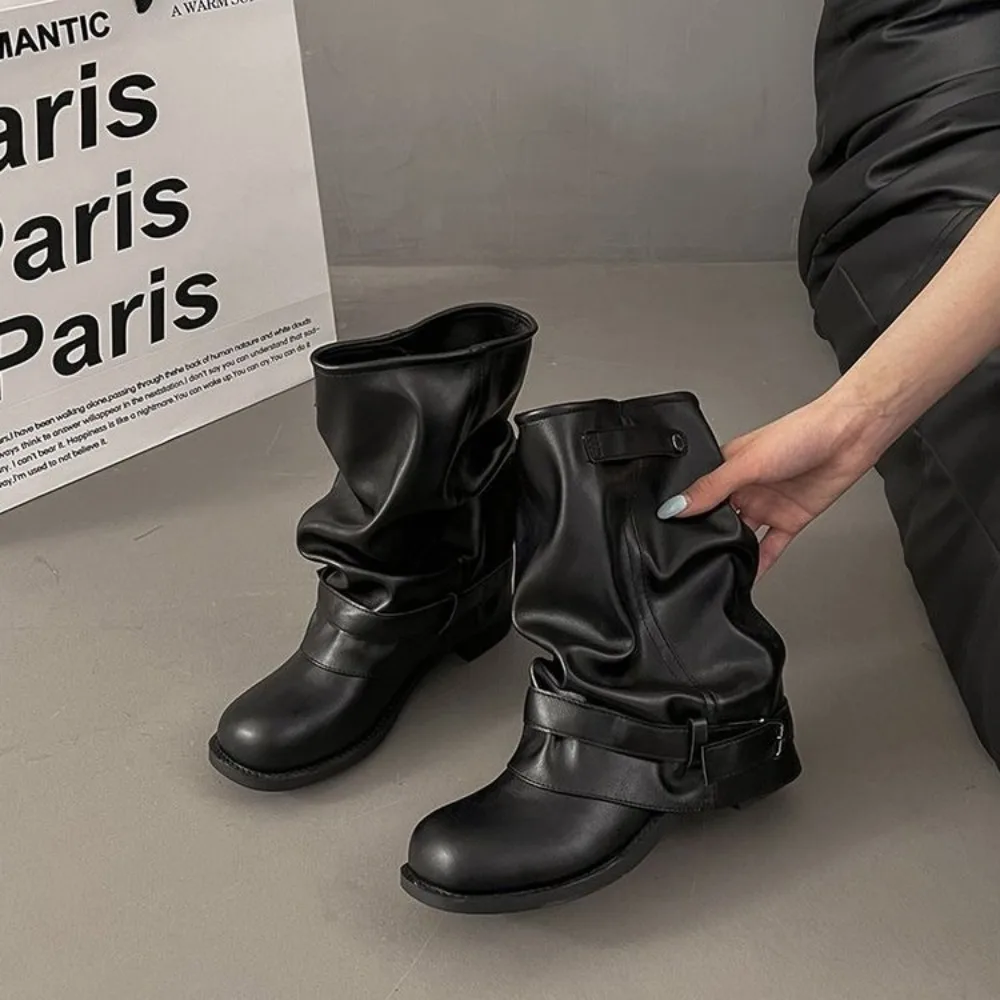 Women Slouch Fold‑Over Mid Short Boots,Single Metal Buckle Ruched‑Tube Round Toe Hidden Height‑Increase Casual Boots Black Khaki view 6