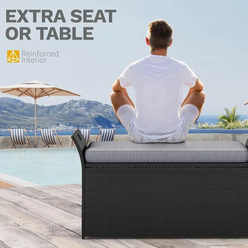 مقعد تخزين خارجي سعة 90 جالونًا، صندوق سطح من الخيزران مع وسادة، مقعد خارجي لتخزين الفناء، ساحة، حمام السباحة، الحديقة، أسود ورمادي