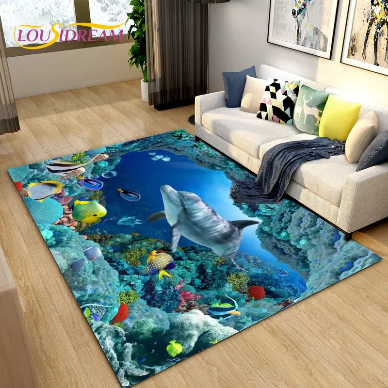 

3D Seabed Illusion Underwater World Dolphin Shark Area Rug,Carpet Rug for Living Room Bedroom Sofa Doormat,Non-slip Floor Mat