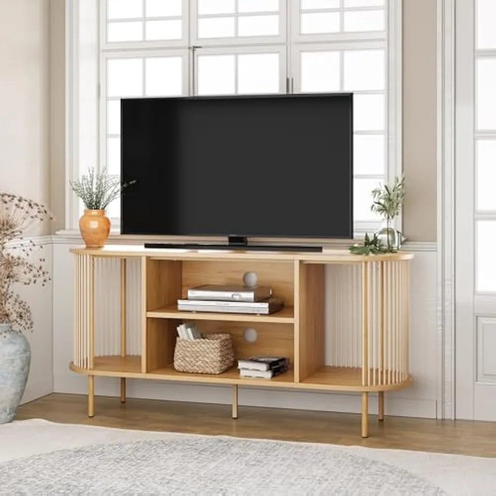 

Oval Boho TV Console with Hand-Woven Ropes, Mid-Century Modern TV Stand for up to 60" with Storage Adjustable Shelf and Sturdy