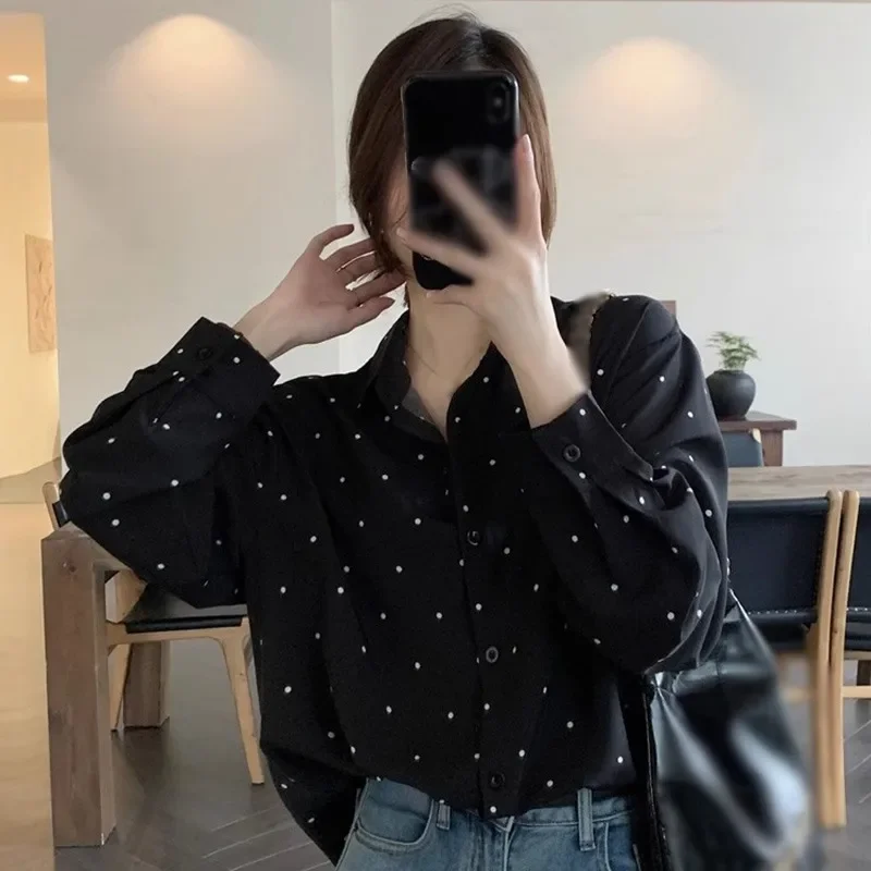 Women\'s V-neck Polka Dot Long Sleeve Elegant Shirt Retro Lapel Loose Long Sleeve Fashion Single-Breasted Blouse Shirt