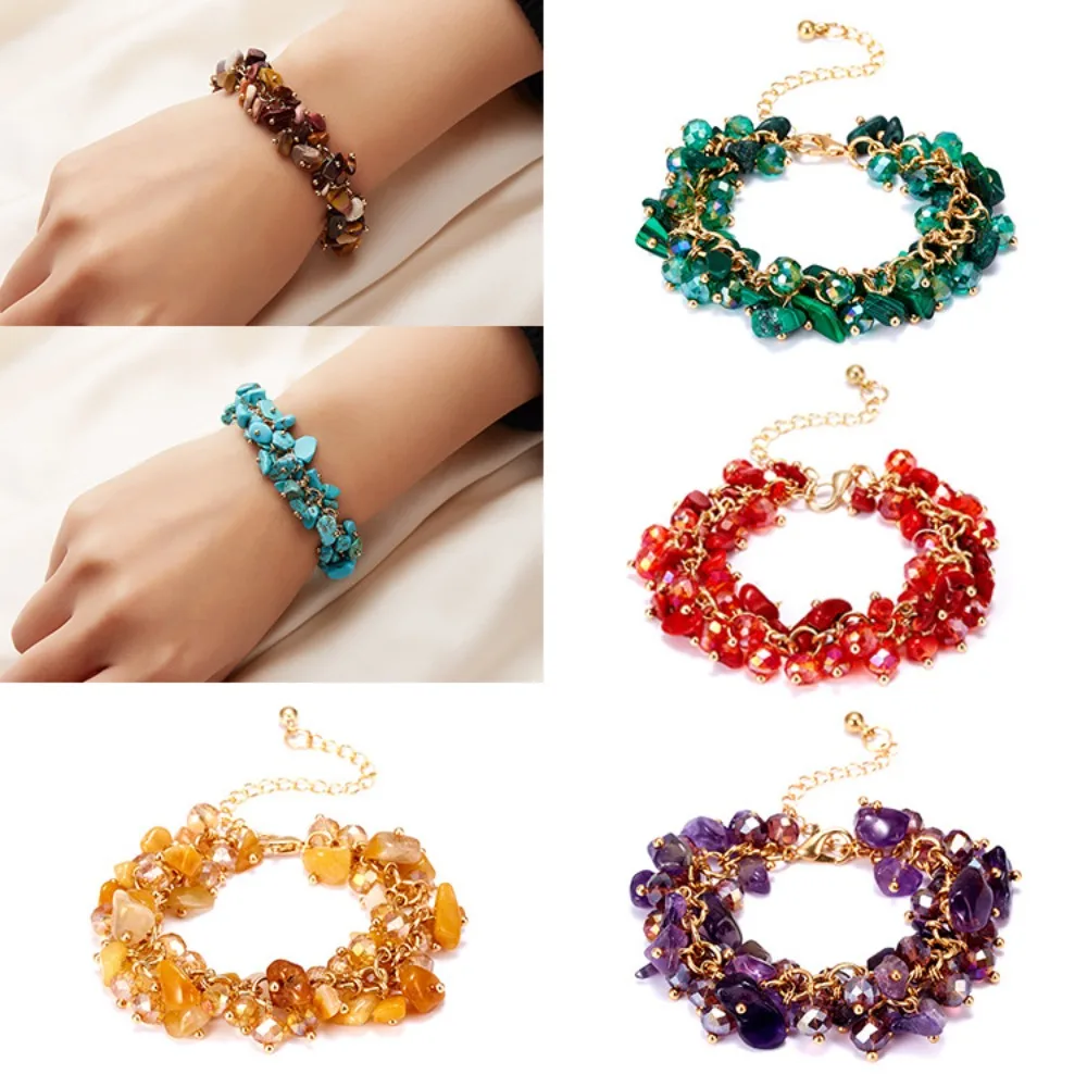 

Bohemian Raw Crystal Stone Bracelet, Multi Color Gold Plated Chain Handmade Statement Bracelet Jewelry