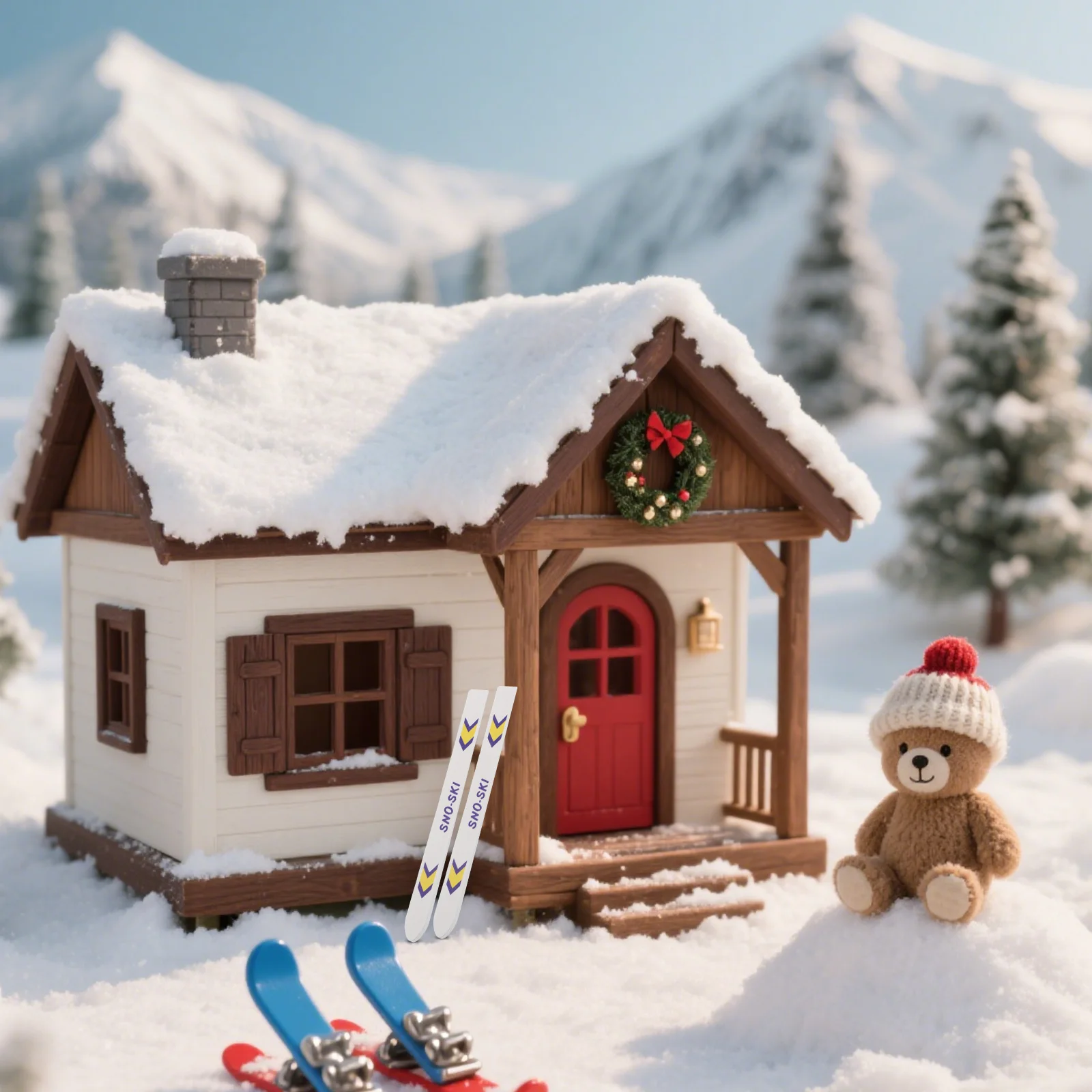 

5Set Wooden Mini Skis Poles Miniature Holiday Accessories Winter Sports Christmas Dollhouse Scene Miniature Skis with Poles
