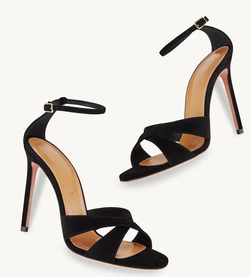 【Measure your feet length before order】Black Suede Luxry Designer Women Sandals High Heels Strappy Sandálias Femininas 91-CHC-30