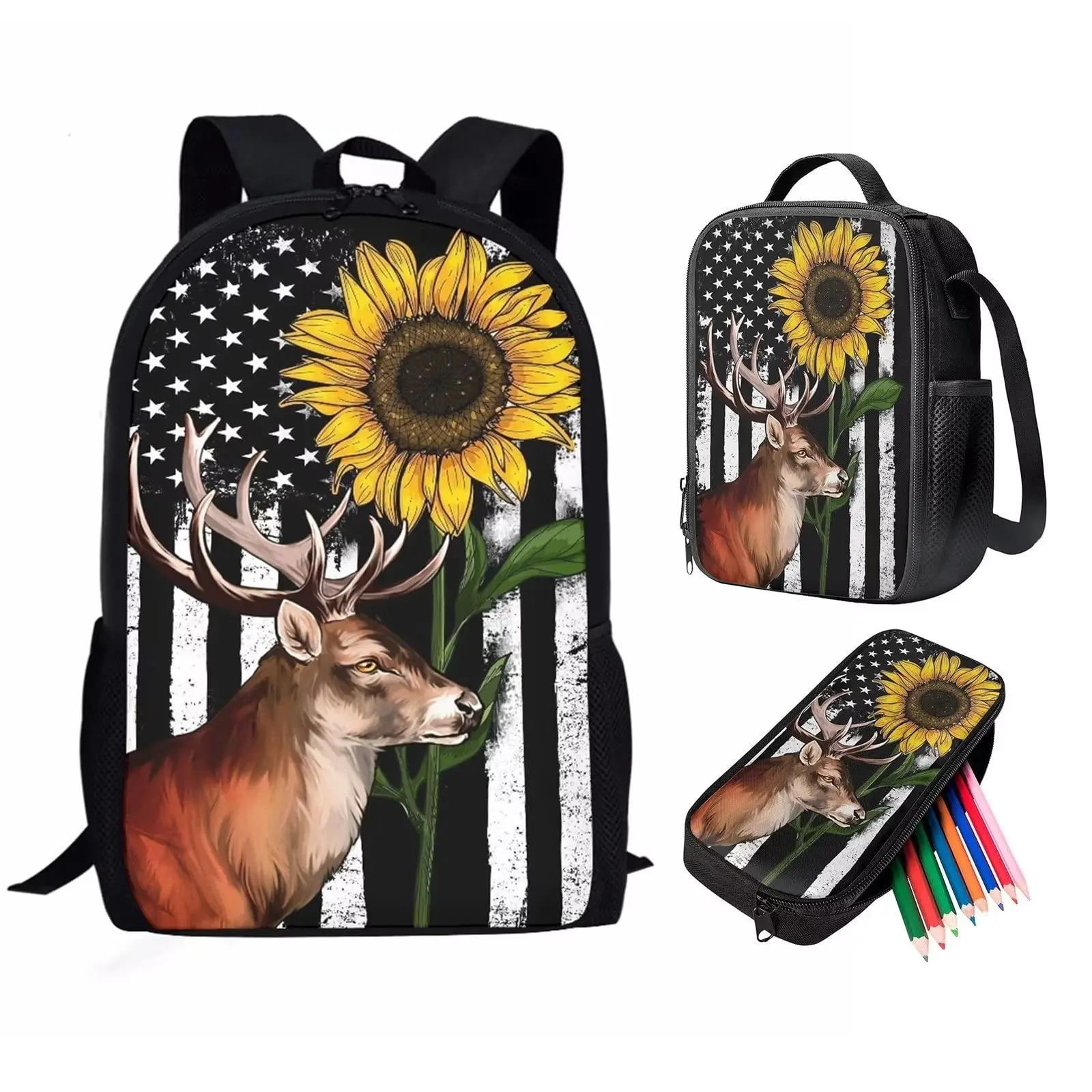 

Hip Hop Flower Deer 3pcs/Set Backpack 3D Print Student Large Capacity Backpack Travel Laptop Daypack Shoulder Bag Pencil Case