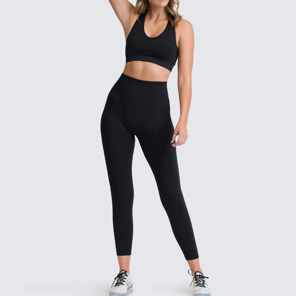 

Women Yoga Set Seamless Knitted Sports Bra Top And High Waist Leggings Casual 2 Piece Set Gym Fitness Sets Workout Activewear
