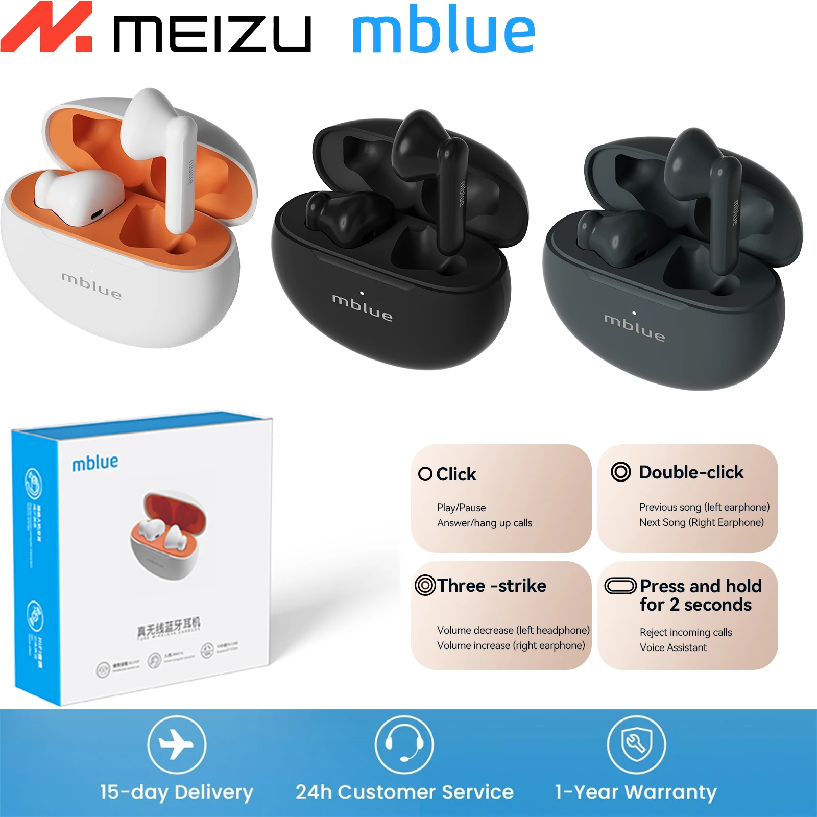 Original MEIZU mblue AR10 Wireless Earbuds HiFi Music Earphones Headphones Sports Waterproof Headset With Mic Earbuds New