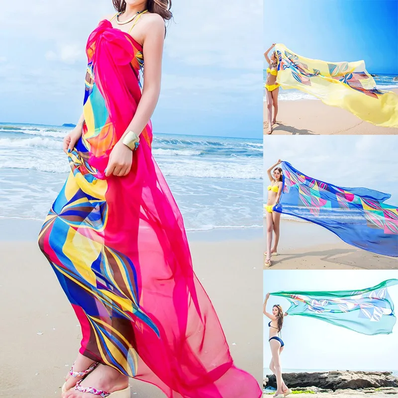 Women Beach Sarongs Scarf Beach Cover Up Summer Chiffon Scarves Geometrical Design Plus Size Towel Ladies Summer Beachwear