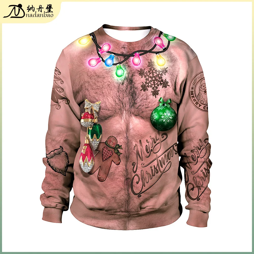 2024 Sexy Belly Button Hair 3D Digital Printing Pullover Round Neck Christmas Couple Hoodie