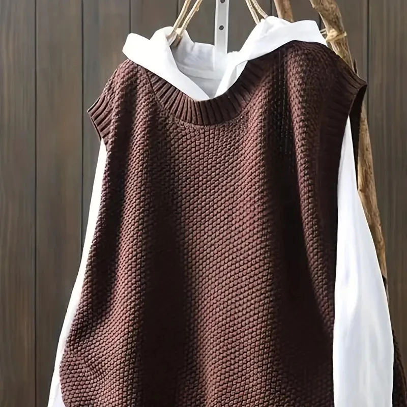 Spring Women Knitted Sweater Vest Casual Solid Color Loose Round Neck Sleeveless Pullover Early Autumn Irregular All-match Vest