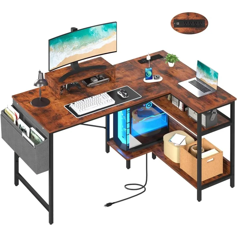 OEING-L Shaped Computer Desk, Tomadas e Portas USB, Home Office com Suporte para Monitor, Canto, 47"
