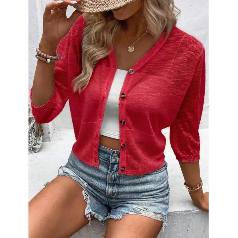 Kardigan Wanita Kasual Kancing Tunggal Tipis Berbahan Rajut Model Cross-Border Sle Sweater Ci Walk Inner Wear Kerah Sembilan...