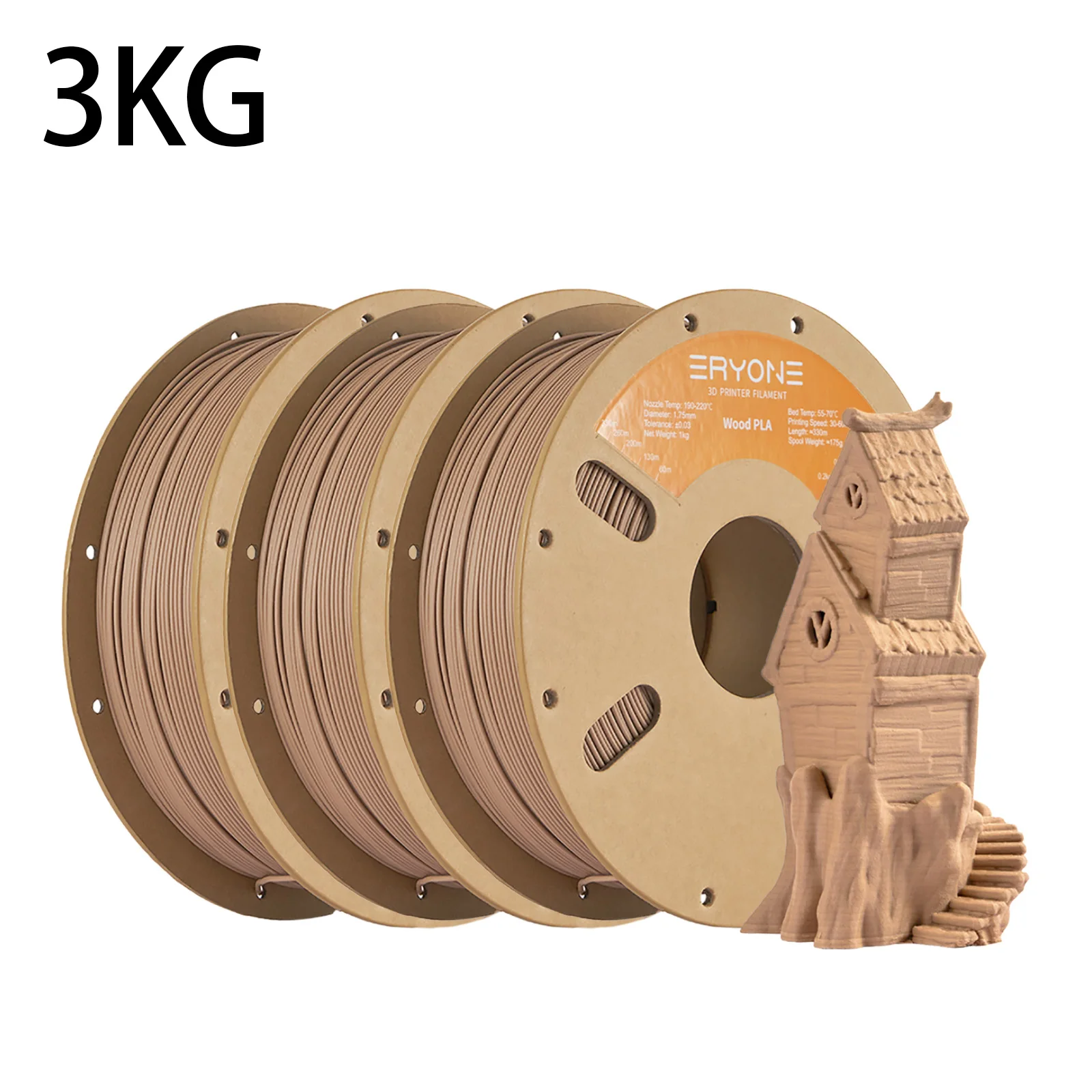 ERYONE 3KG Wood PLA Filament 3D Printer PLA Filament 1.75mm +/- 0.03mm, PLA Filament 1KG Spool Value Pack