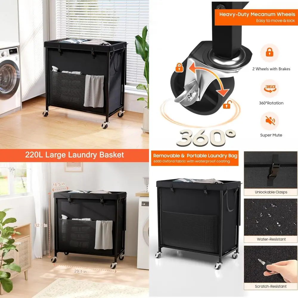 

60 Gallon Rolling Laundry Basket with Lid, Tall Metal Frame Hamper for Clothes, Removable Bag, Ideal for Home, Dorm - Black