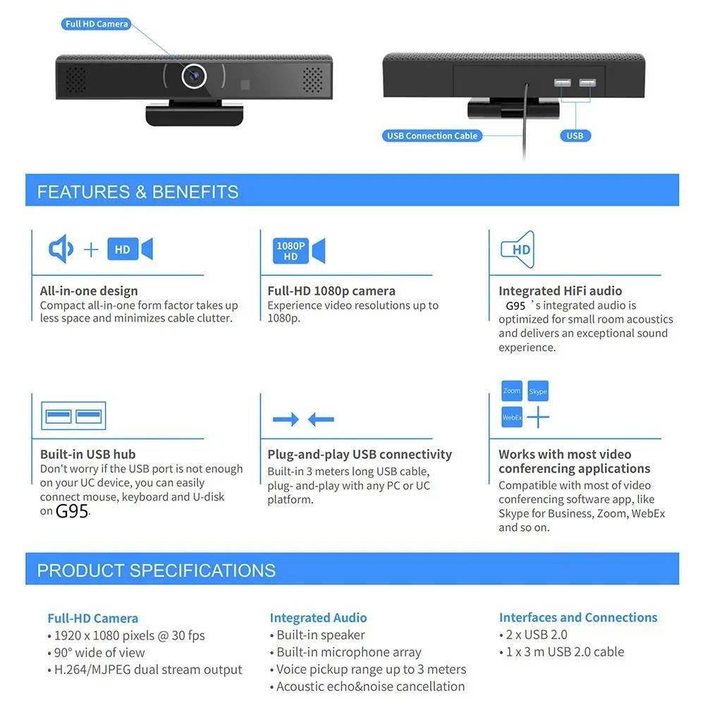 Wide Angle Webcam, Large View Video Conference Camera, Full HD 1080P Live Streaming Web Cam with Built-in Microphone, Auto Focus