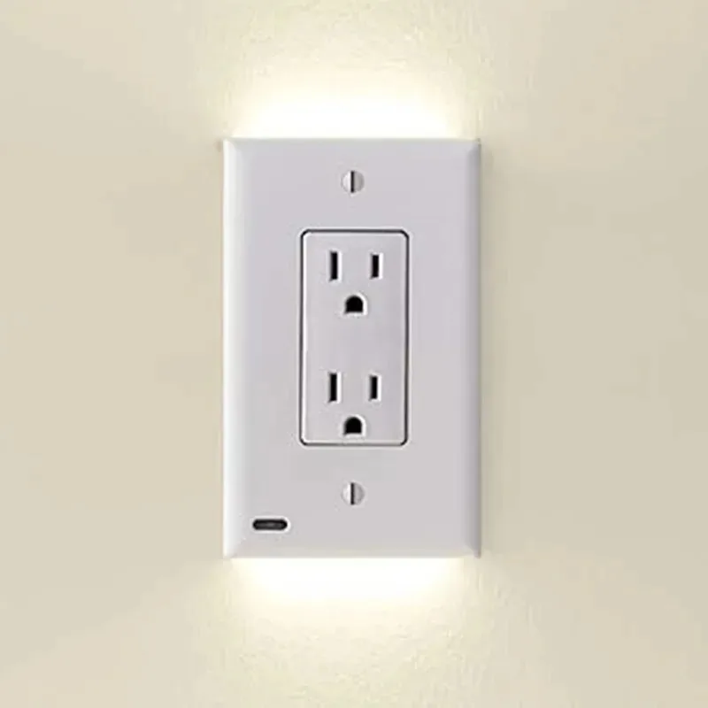 US Standard Duplex Electrical Outlet Cover with LED Night Lights, Auto Sensor Up & Down Wall Plate, Plug-in Type, Warm White Amb