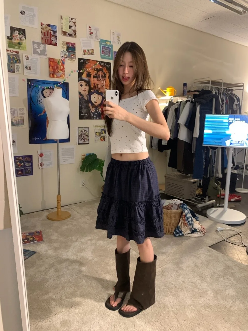 

Японская юбка-полусолнце с плиссированным дизайном в виде грибов, клетчатым пэчворком, эластичной талией, свободного кроя, А-силуэт, для женщин