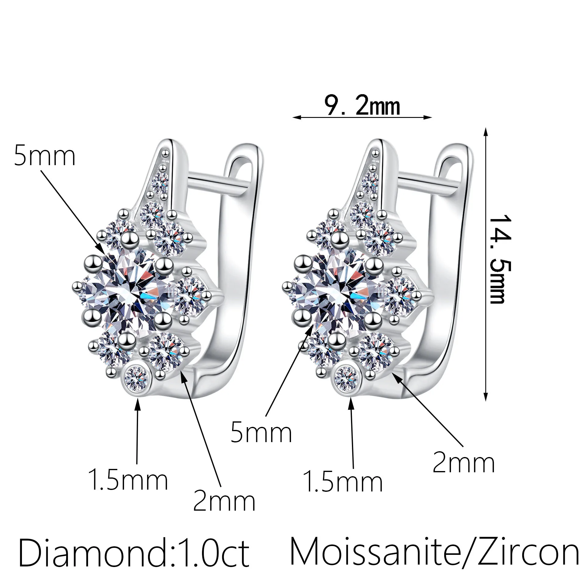 1.0 قيراط مويسانيتي U شكل الأذن أقراط مشبكية 100% 925 فضة مختبر الماس القرط للنساء غرامة مجوهرات حفل زفاف