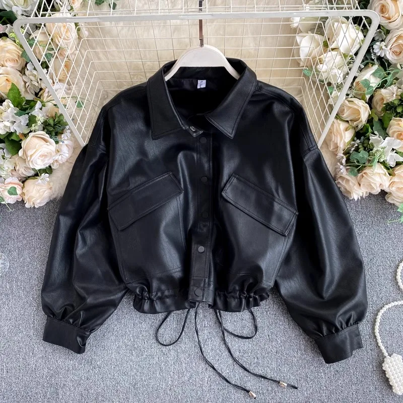 

Korean Retro BF Style Women Loose Fitting Leather Jacket Retro Large Pocket Short Motorcycle Jacket