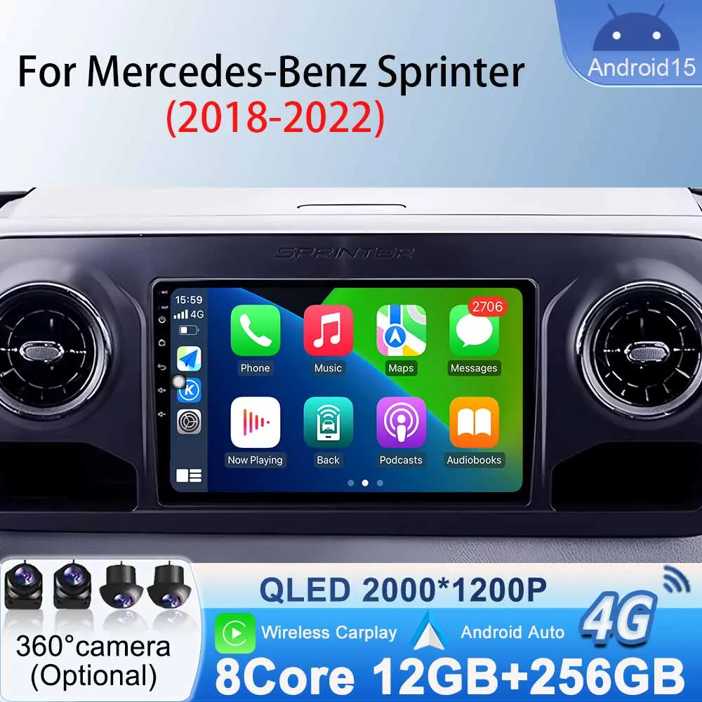مشغل فيديو راديو السيارة لسيارة Mercedes-Benz Sprinter 2018 - 2022 Carplay اللاسلكي Android Auto GPS Navigation الوسائط المتعددة Android 15
